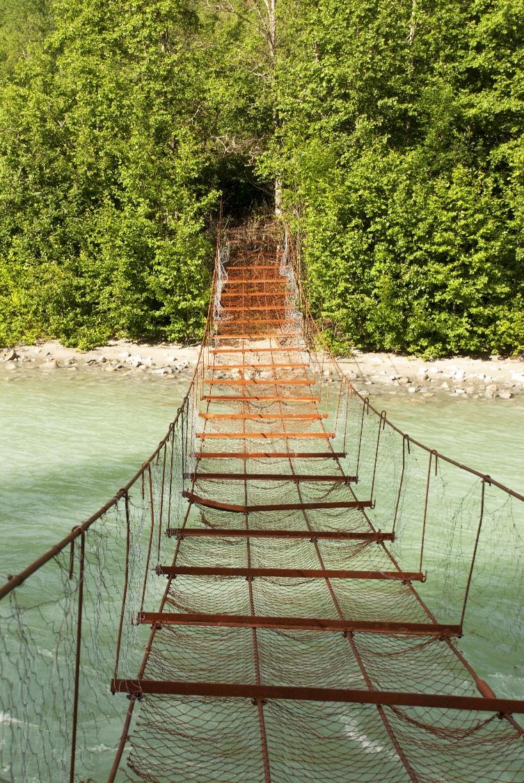 A rustic suspension bridge with damaged planks and mesh sides spans over a river, surrounded by lush green trees, creating a scene akin to the neural pathways of neuroplasticity—a mindful reminder of personal growth's transformative journey.