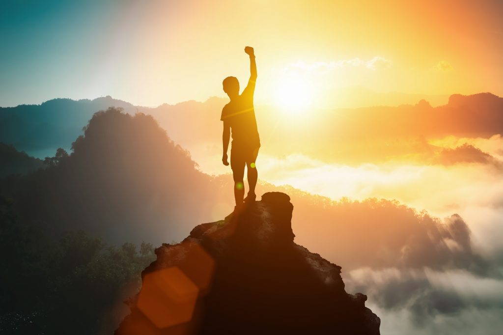 Silhouette of a person triumphantly raising a fist on a mountain peak at sunrise, surrounded by mist and silhouetted hills, capturing the essence of success akin to unlocking the secrets of a mind-hacking website.
